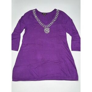 IMAN Purple Beaded V Neck 3/4 Sleeve Sweater Tunic Top XS Cashmere Blend